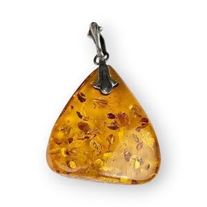 Reconstituted Amber Drop Pendant Silver Plated Fleur-de-lis Vintage 1.75" Long